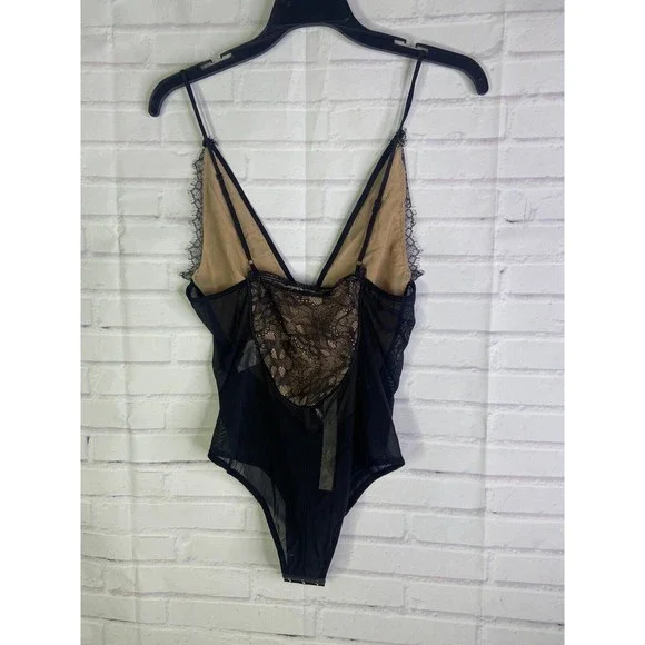 NEW Jonathan Simkhai Deep V Lace Bodysuit Tank Sexy Mesh Black Womens Size XS
